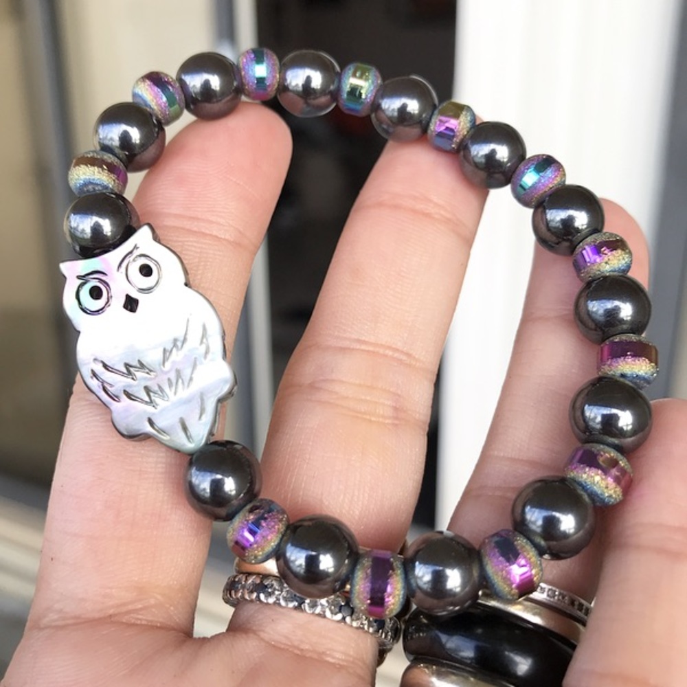 Mother of pearl owl hematite purple druzy bracelet - Picture 2 of 8